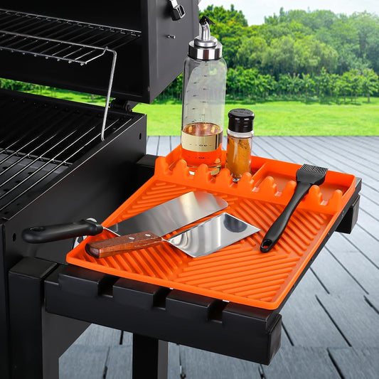 Silicone Tools Mat for Griddle & Kitchen Countertop | Orange Side Shelf Spatula Mat with Drip Pad for Blackstone Weber Traeger Pit Boss Flat Top Grill Smoker, BBQ Gifts for Men
