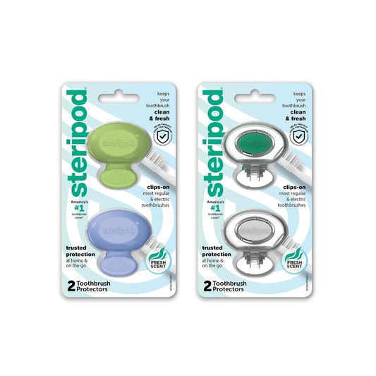 Steripod Clip-On Toothbrush Protector, Keeps Toothbrush Fresh and Clean, Fits Most Manual and Electric Toothbrushes, Blue, Green, Clear, 4 Count
