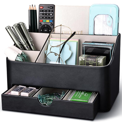 Desk Organizer with Drawer, Multifunction Pencil Holder for Desk, Desk Organizer and Accessories 5 Compartments for Home Office Supplies (Black)