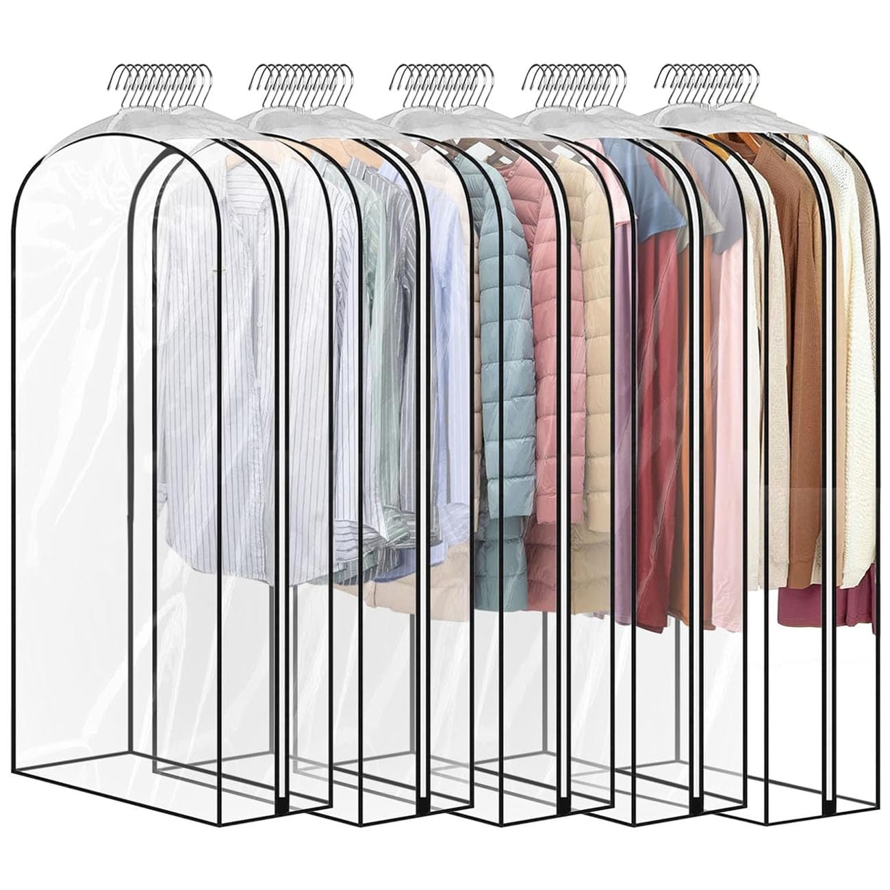 5 Pack 60" All Clear Garment Bags for Hanging Clothes Storage, 10" Gusseted Large Capacity Garment Rack Cover, Large Hanging Clothing Bag for Dress Gowns, Coats, Suit, Down Jacket