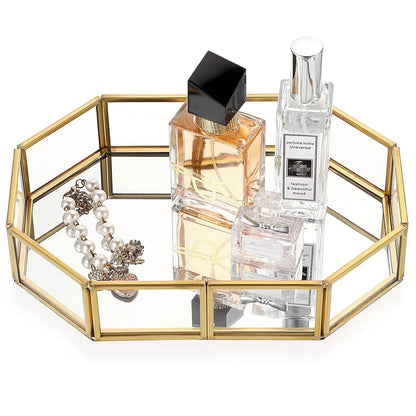 Hipiwe Mirror Glass Vanity Tray - Gold Ornate Makeup Organizer Perfume Tray | Vintage Octagonal Dresser Trays for Jewelry Trinket Organizer, Bathroom Storage Trays for Home Decor