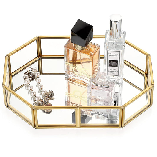 Hipiwe Mirror Glass Vanity Tray - Gold Ornate Makeup Organizer Perfume Tray | Vintage Octagonal Dresser Trays for Jewelry Trinket Organizer, Bathroom Storage Trays for Home Decor