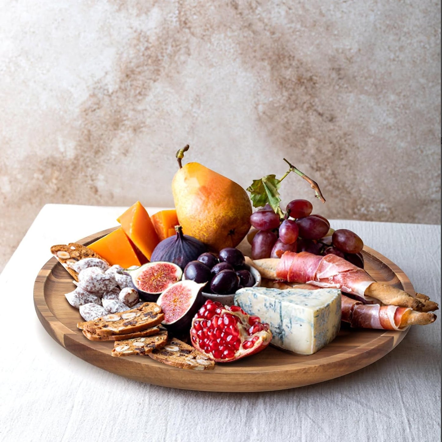 Acacia Round Wood Serving Tray for Ottoman Coffee Dining Table Decorations | Large Wooden Decorative Tray Kitchen Counter Island Home Decor Circle Candle Holder Trays Living Room Centerpiece Accessories