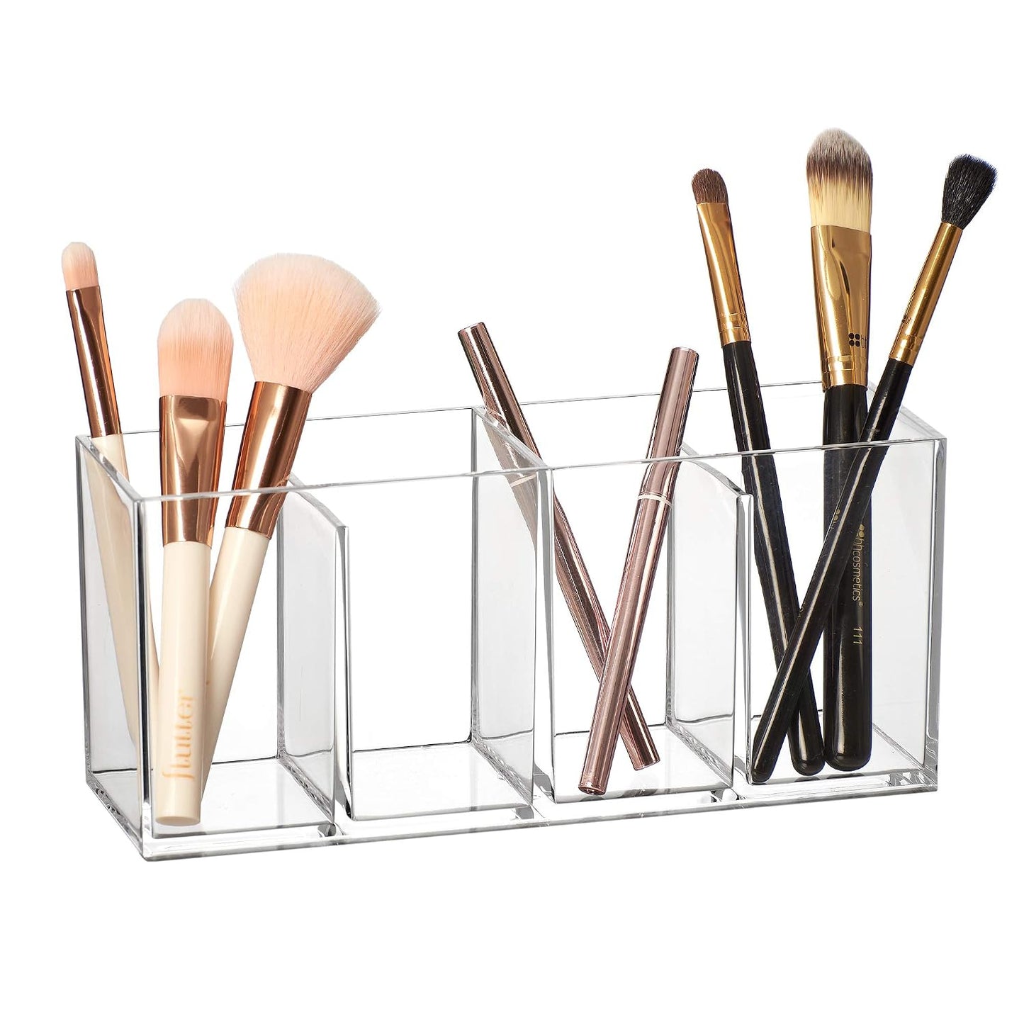 Glamour - Acrylic 4-Compartment Makeup Organizer, Transparent Plastic Makeup Brush Holder, Perfect Bathroom Vanity Storage Solution for Makeup Brushes, Eyebrow Pencils, and More