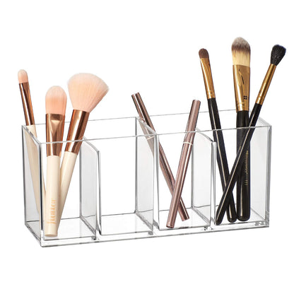 Glamour - Acrylic 4-Compartment Makeup Organizer, Transparent Plastic Makeup Brush Holder, Perfect Bathroom Vanity Storage Solution for Makeup Brushes, Eyebrow Pencils, and More