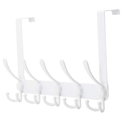 Over The Door Hook Hanger - Fits 1 3/8" to 1 3/4" Standard Doors | 5 Tri Hooks Heavy Duty Towel/Coat Rack | Door Organizer for Clothes, Jackets, Hats, Towels, White
