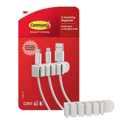 Command 5-Cord Clip Organizer, 4 Clips, 8 Medium Strips | Command Strips Cord Organizer, keeps Cables Out of Sight, Damage Free Hanging, No Tools, Removes Cleanly