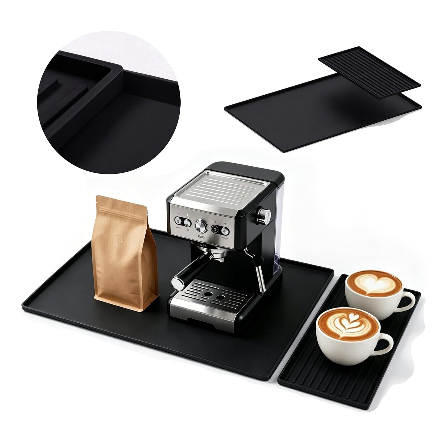 Silicone Coffee Mat 24 x 16 in with Tray, Classic Black | Coffee bar mat for countertop use, coffee station mat or coffee machine mat with removable tray and 0.47 in raised rim.