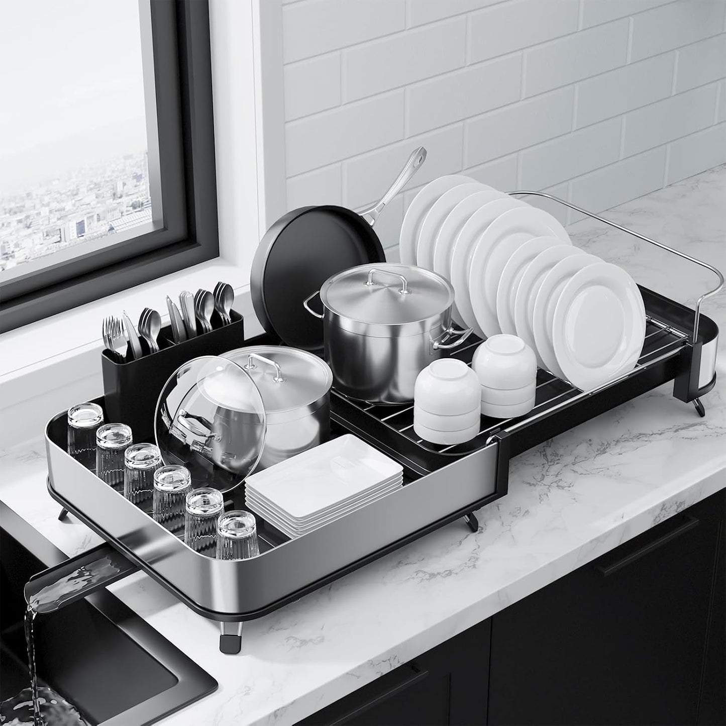 Kitsure Expandable Metal Dish Drying Rack, 16.1-26.6" L x 12.6" W, Black | Dish Racks for Kitchen Counter, Auto-Drain Drying Rack for Kitchen, Cutlery Holder, Non-Slip Feet, Anti-fall Fence