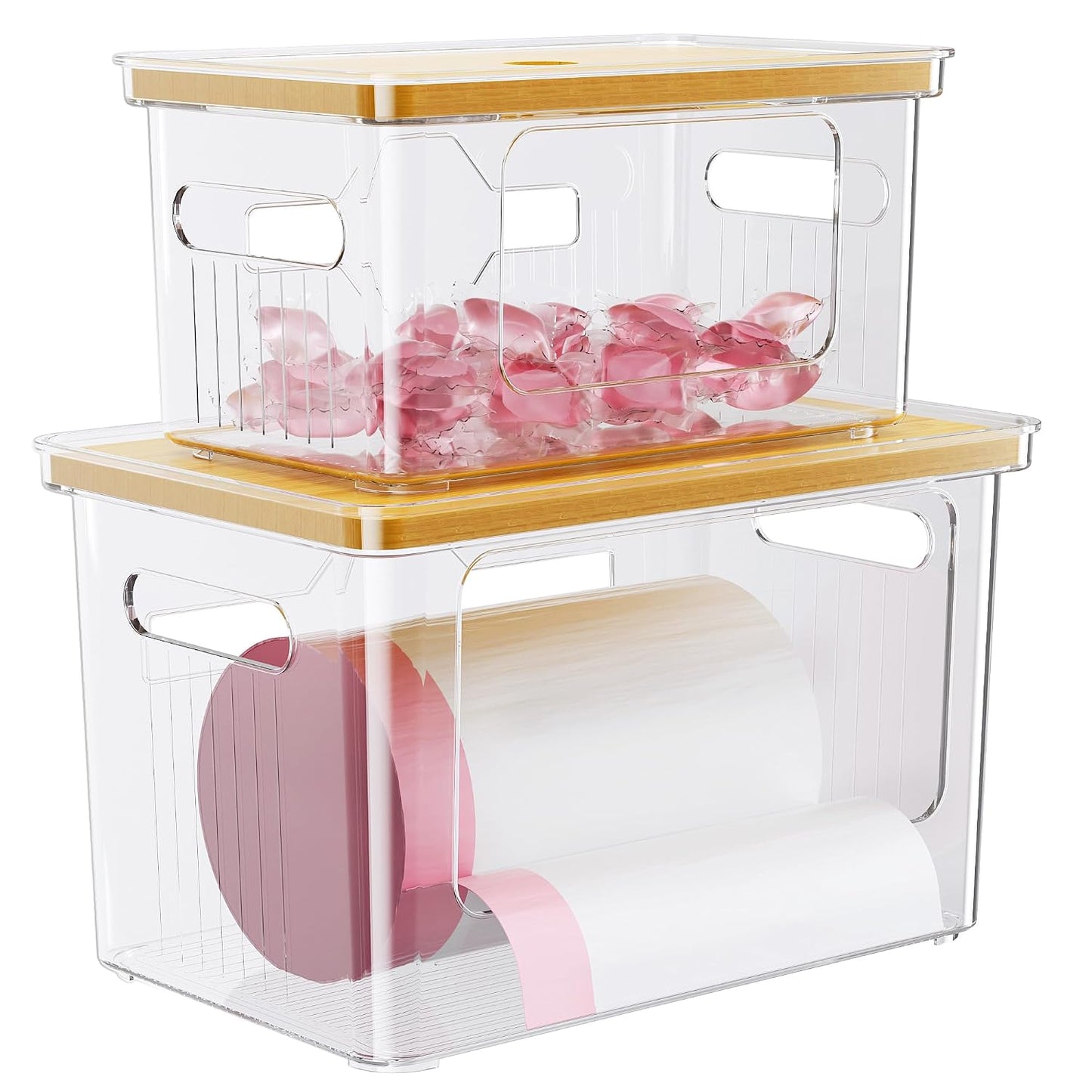 Delamu 2 Pack (XL+S) Trash Bag Dispenser, Stackable Garbage Bag Holder | Clear Acrylic Organizer Bins for Under Sink Organization, Pantry Storage, Cabinet, Kitchen, Laundry, Bathroom
