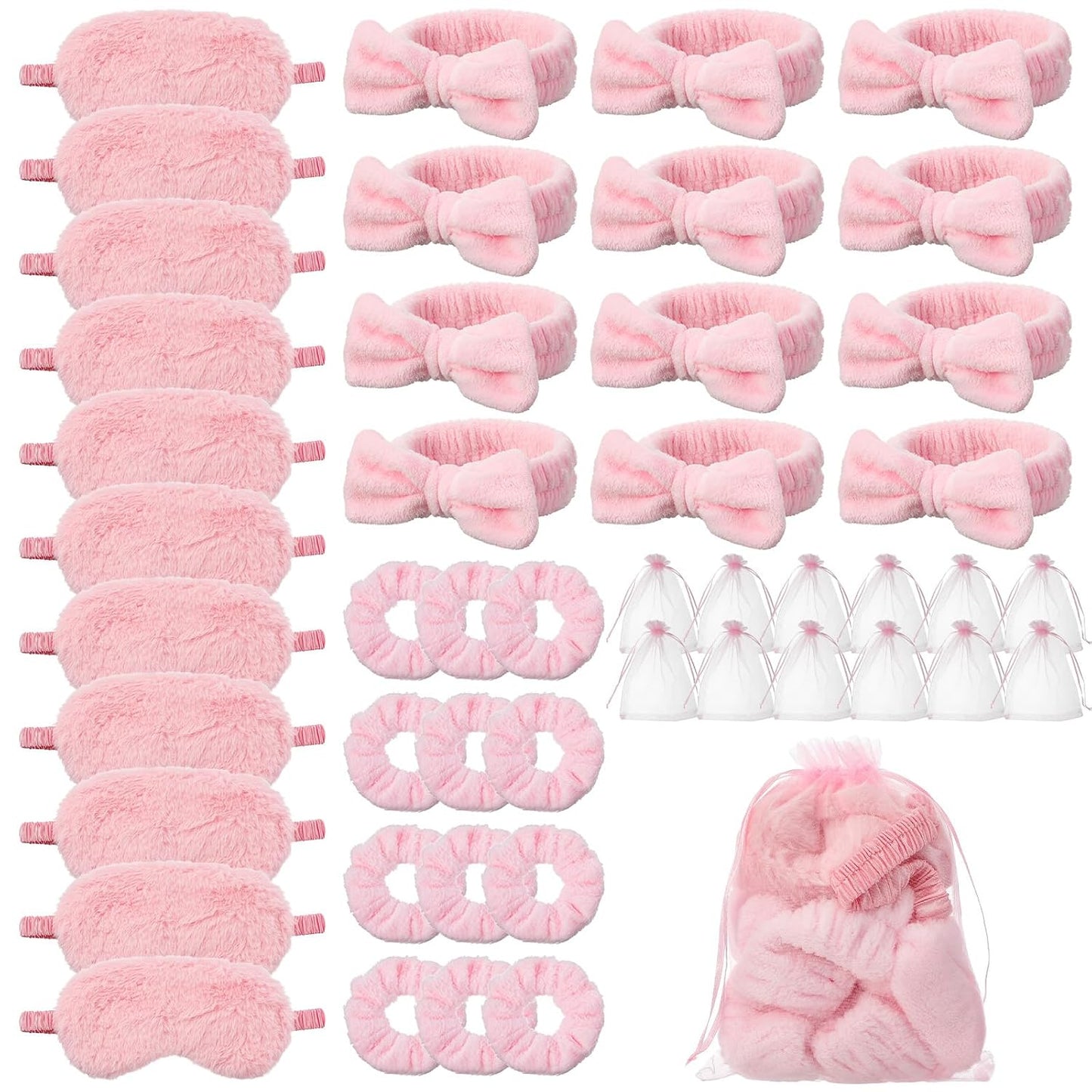 48 Pcs Spa Party Supplies Bulk, 12 Spa Headband 12 Plush Sleep Eye Mask 12 Velvet Scrunchies 12 Organza Bags Disposable for Bachelorette Sleepover Slumber Party Favors Christmas Favors Gift(Pink)