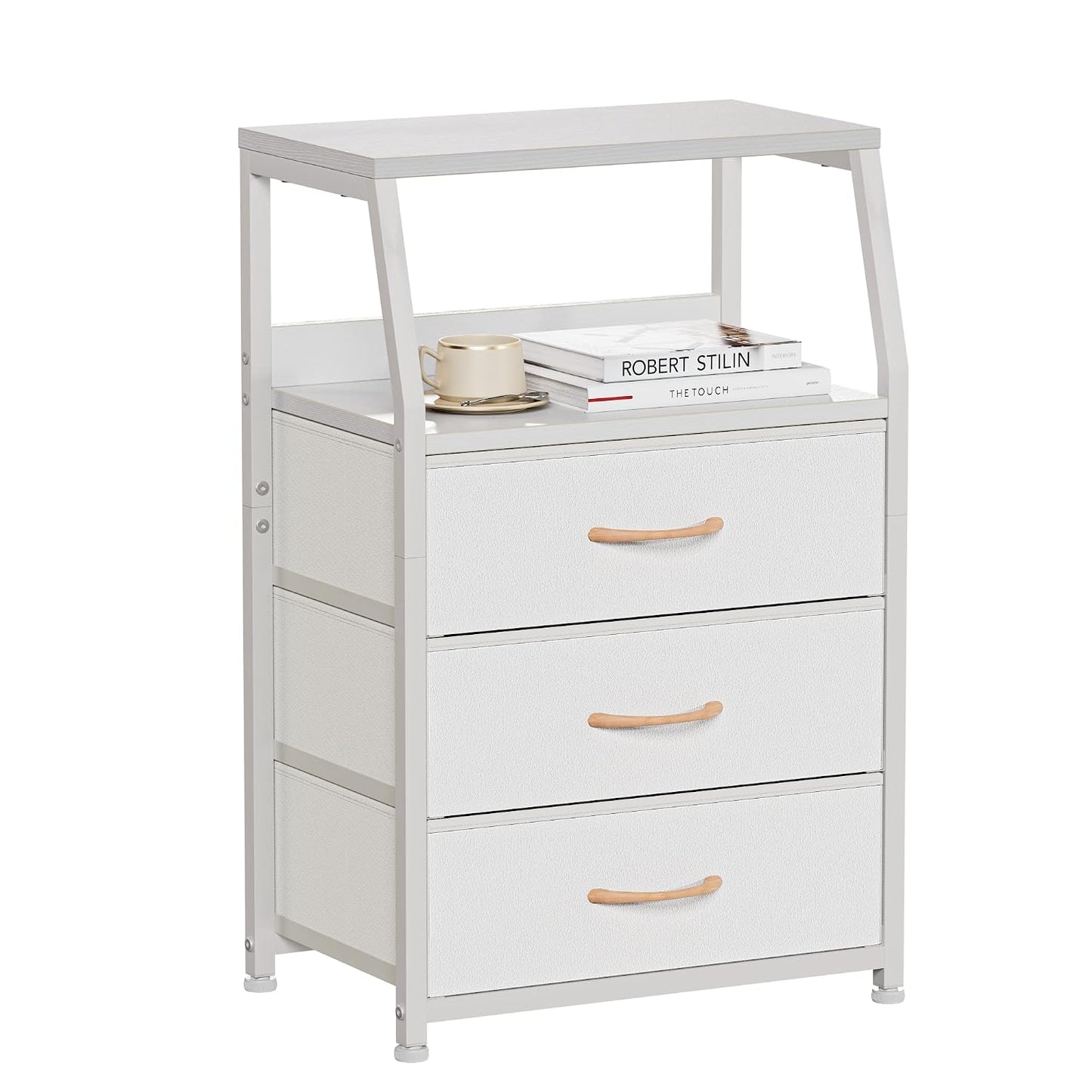 White Night Stand with 3 Fabric Drawers, Small Bedside Table | 2-Tier Shelf, Nightstand with Drawer for Bedroom, Storage Cabinet for Dorm, Closet, Living Room, Sturdy Steel Frame, Wood Top
