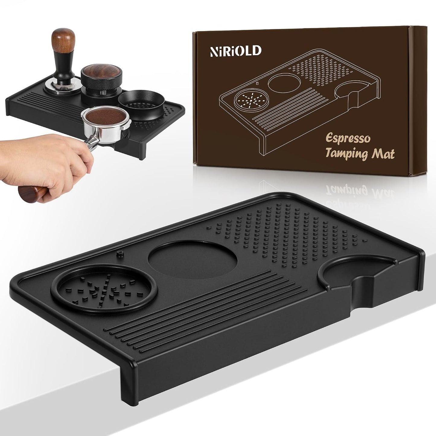 Espresso Tamping Mat, Coffee Tamper Mat, Food Grade Silicone 10.43″×5.63″ Portafilter Mat for Barista Espresso Machine Acceessories, Waterproof Heat Resistant Tamp Station for counter (Black)