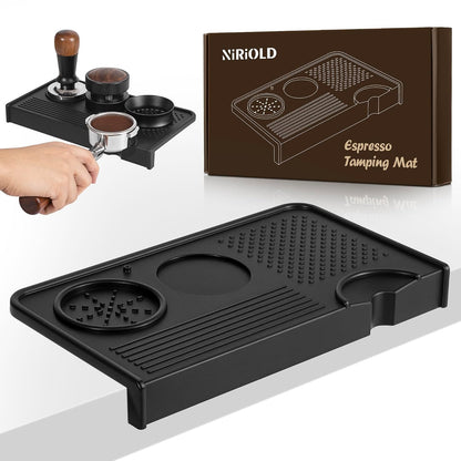 Espresso Tamping Mat, Coffee Tamper Mat, Food Grade Silicone 10.43″×5.63″ Portafilter Mat for Barista Espresso Machine Acceessories, Waterproof Heat Resistant Tamp Station for counter (Black)