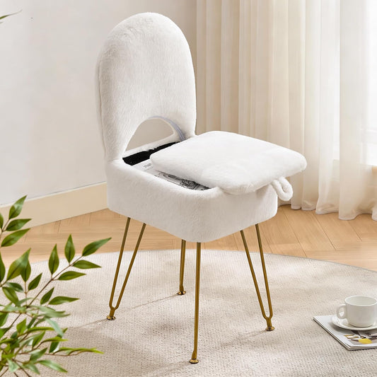 White Vanity Chair with Storage, Folding Back Faux... (White | Faux Fur)