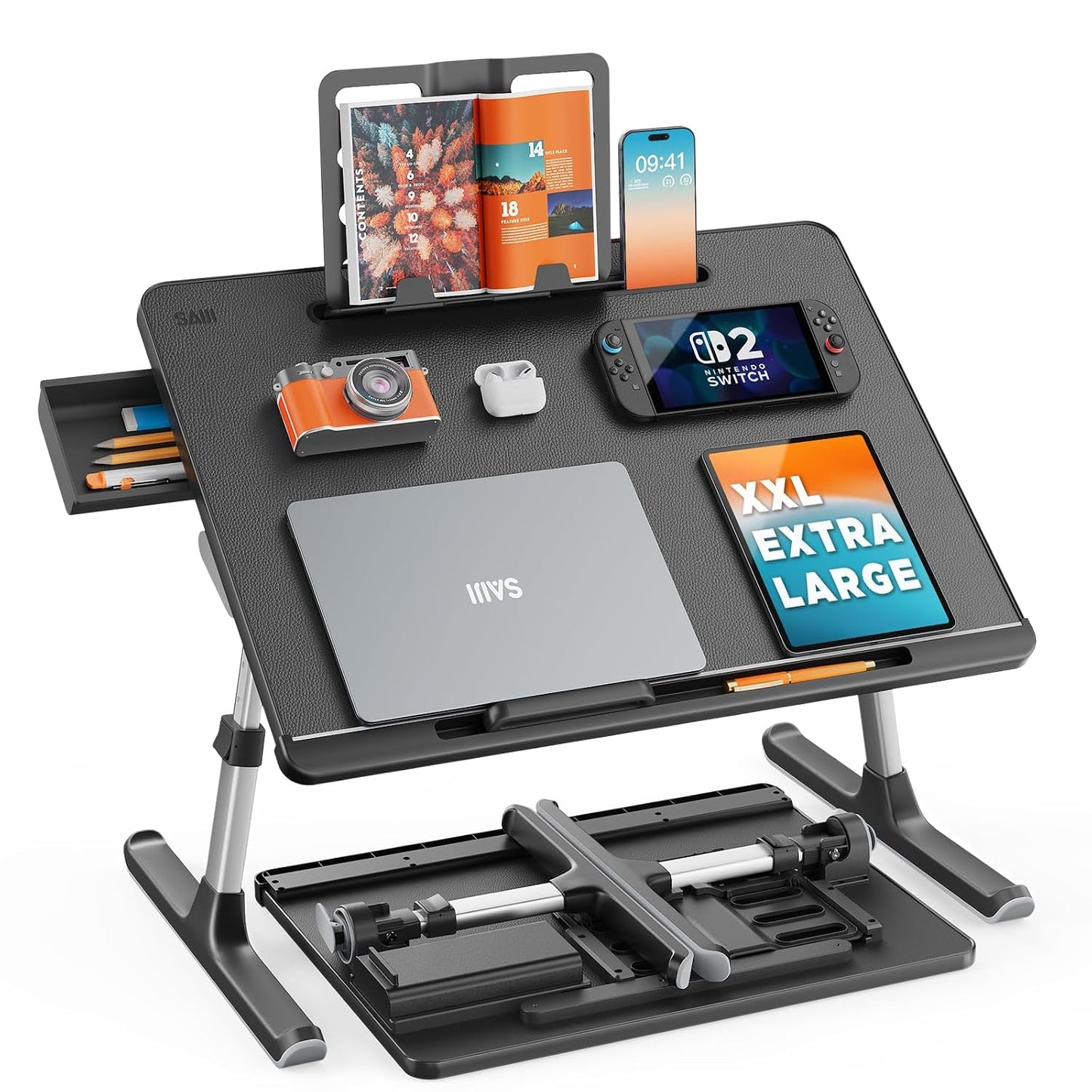 Laptop Lap Desk for Bed, SAIJI X-Large Adjustable Laptop Table | XXL-Extra Large, Foldable Laptop Stand for Bed, with Storage Drawer & Bookstand, for Eating, Working, Gaming, Drawing