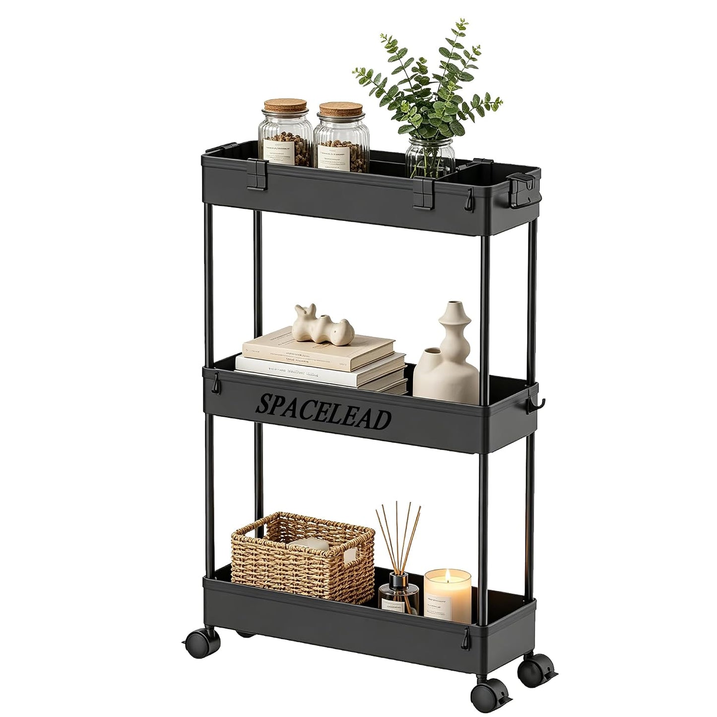 Slim Storage Cart 3 Tier,Bathroom Organizer Rolling Utility,Mobile Shelving Unit Slide Out for Office, Kitchen, Laundry Room & Narrow Places,Black
