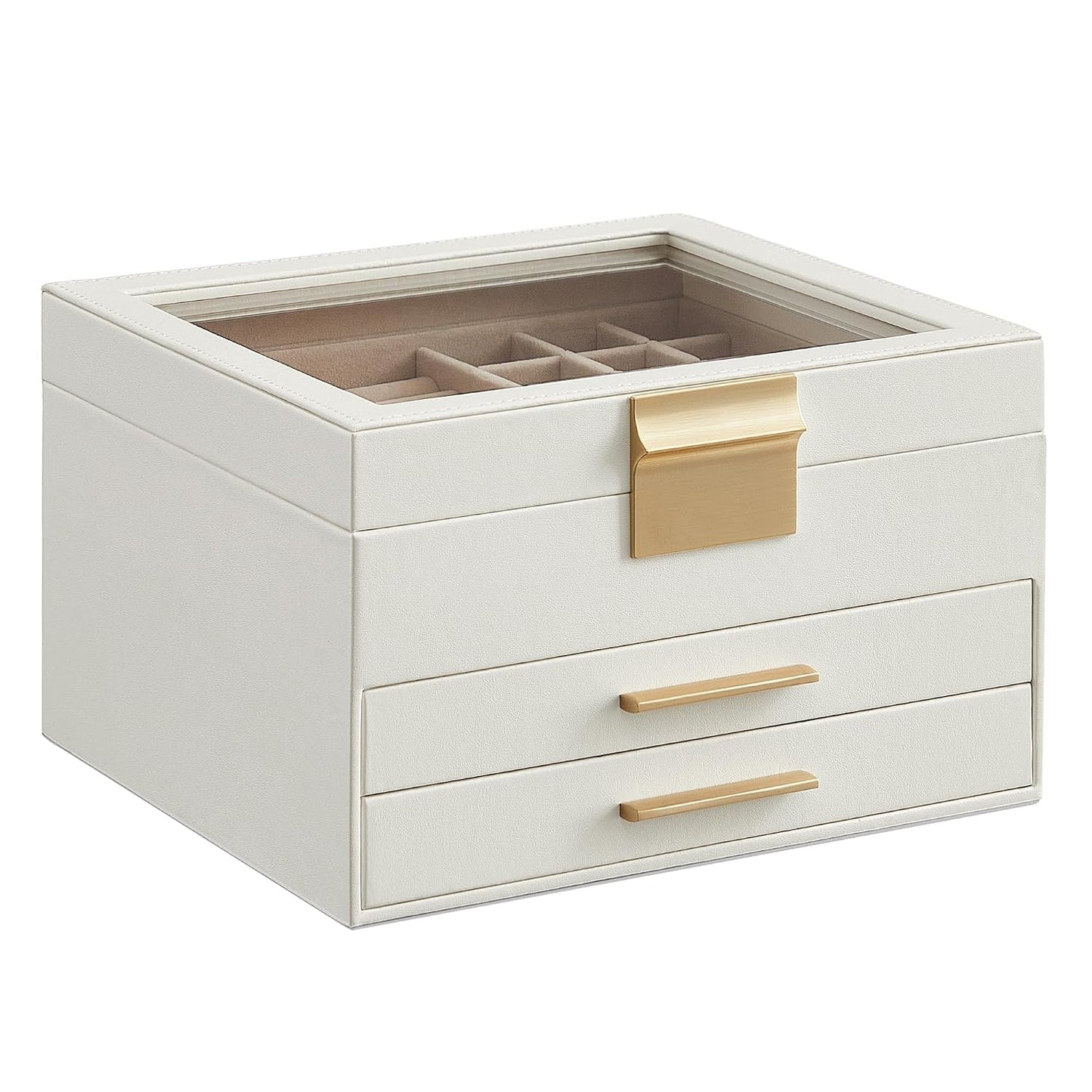 SONGMICS GISELLA Collection - Jewelry Box Organizer with Glass Lid, 3-Layer Jewelry Storage, with 2 Drawers, Modern Style, 8 x 9.1 x 5.3 Inches, Cloud White and Gold Color UJBC239WT
