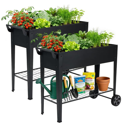 2-Pack 32" Tall Elevated Raised Garden Bed with Wheels and Shelf | Rolling raised garden planter, heavy-duty anti-rust steel, 400 lbs, storage, drainage, for herbs, flowers, patio, balcony