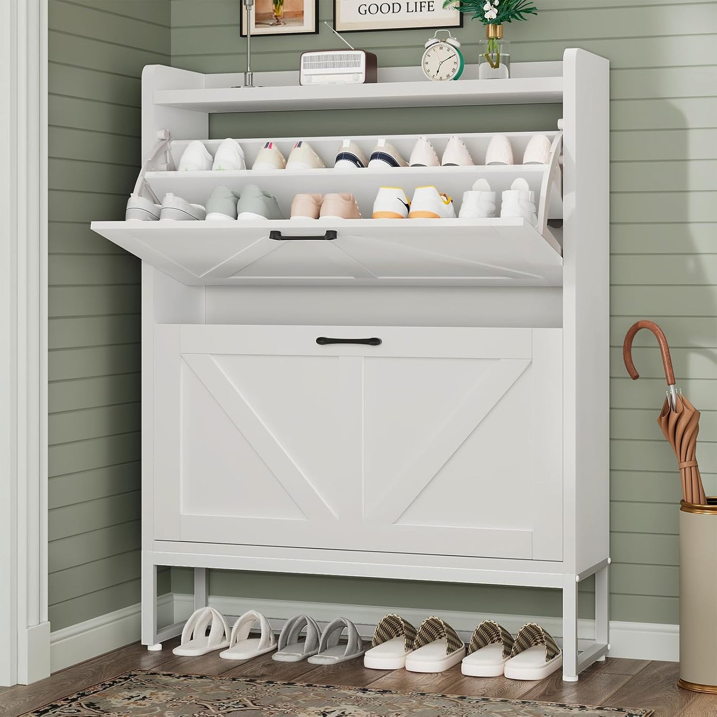 Shoe Cabinet, Shoe Storage Cabinet with 2 Flip Drawers & Adjustable Shelf, Space-Saving Shoe Organizer – Holds 16+ Pairs, Narrow Shoe Cabinet Storage for Entryway/Hallway（White）