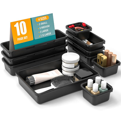 StoreHappily 10 PCS Drawer Organizer Set, 4 Size Makeup Drawer Divider Organizer With Non-Slip Pads, Interlocking Plastic Storage Bins for Office,Jewelry Vanity,Gadgets, Bathroom,Kitchen, Black