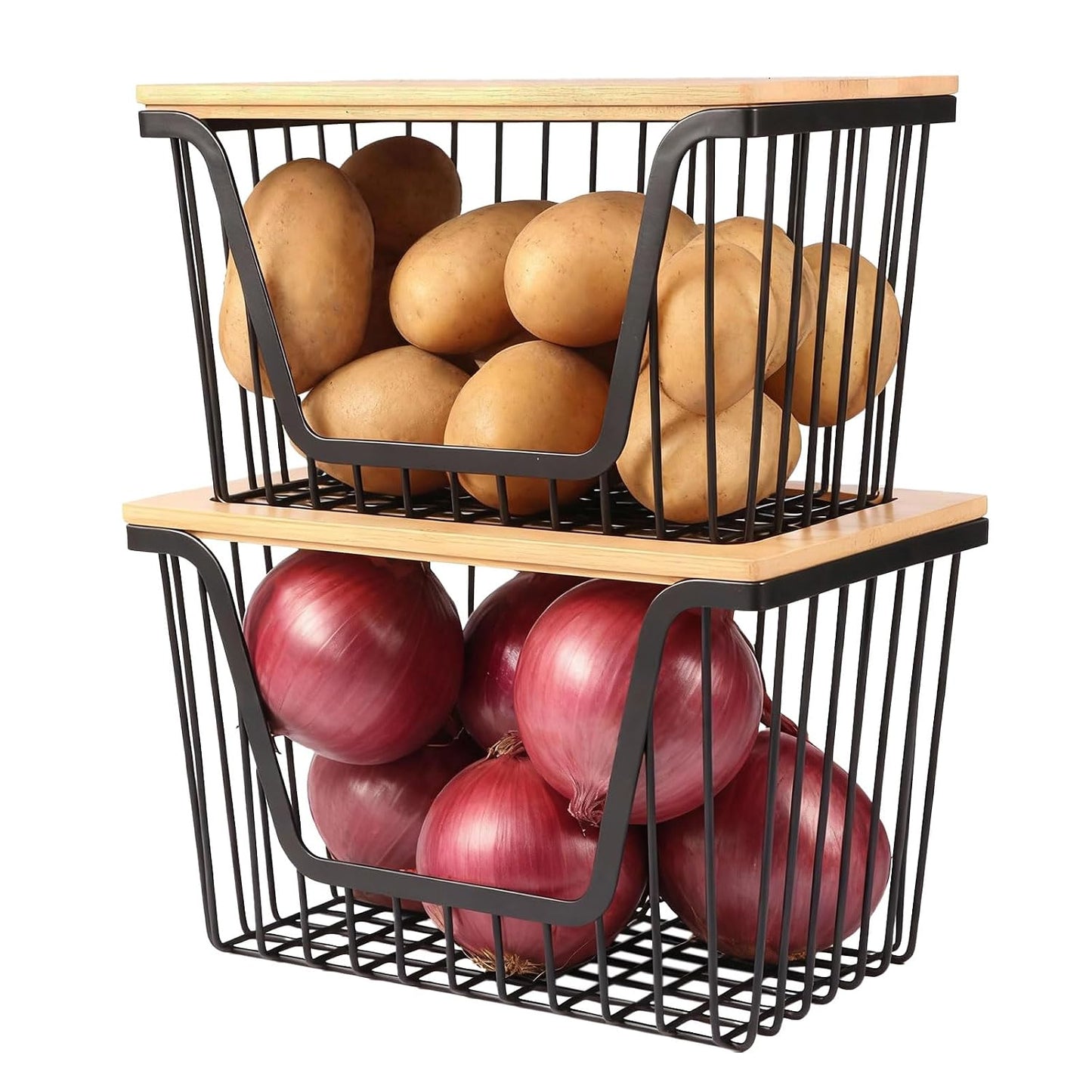 2 PACK Pantry Organizers and Storage, Stackable Onion Potato Bins | Large Wire Storage Basket, Breathable Design for Onion, Potato, Garlic, Fruit, Vegetables Fresh, Kitchen Pantry Storage