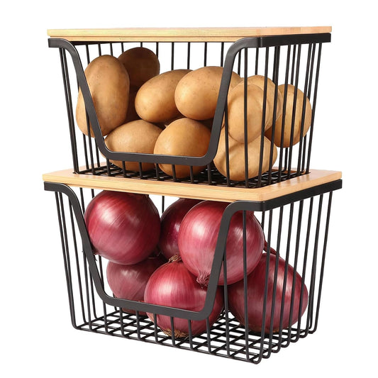 2 PACK Pantry Organizers and Storage, Stackable Onion Potato Bins | Large Wire Storage Basket, Breathable Design for Onion, Potato, Garlic, Fruit, Vegetables Fresh, Kitchen Pantry Storage
