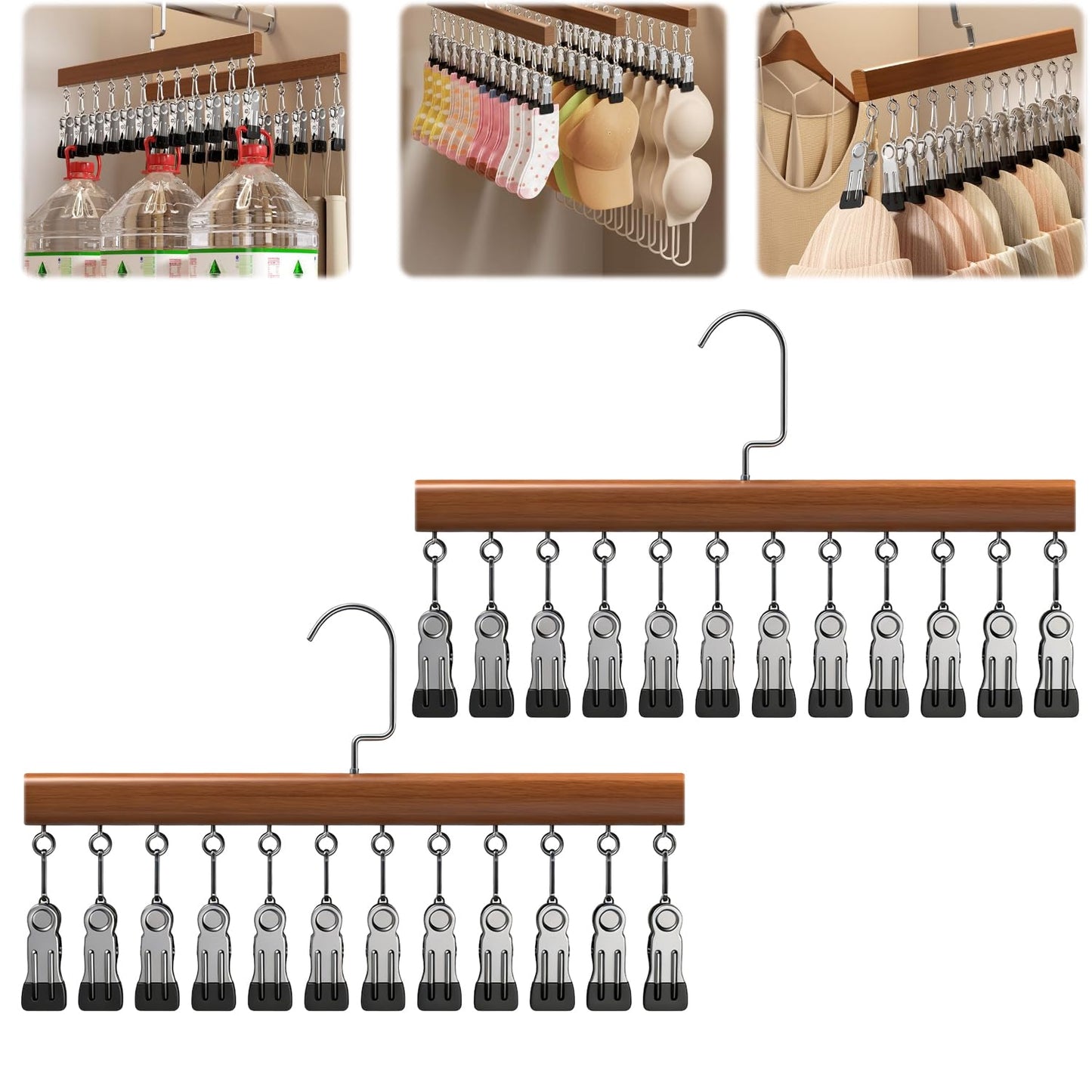 2pcs Closet Organizer with 12 Clips, Space Saving Hanging Closet Organizer, Space-Saving Hat Scarf Clothespins for Jeans Skirts Socks Pant Hangers with Clips