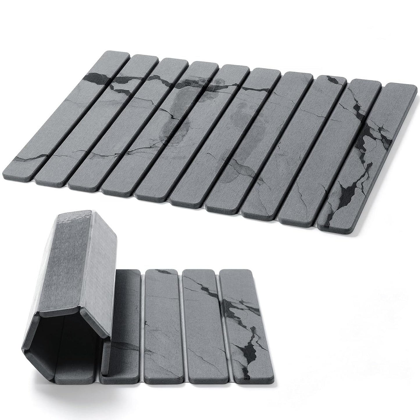 Foldable Stone Bath Mat, Non Slip Large Diatomaceous Shower Mat, Super Absorbent Quick Drying Stone Mat for Bathroom Kitchen Floor Counter Sink,Easy to Clean & Store (Dark Gray 24"×16")