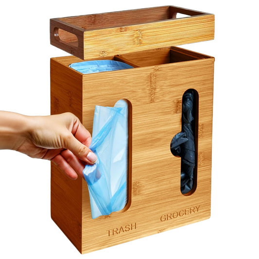 Under Sink Organizer for Kitchen Cabinet - Bamboo Trash Bag Dispenser & Bag Holder – Pantry Organizer & Garbage Roll Holder for Cleaning Supplies, Apartment Essentials & Home Organization