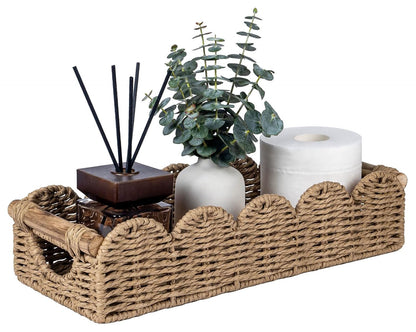 CubesLand Bathroom Basket Organizer, Toilet Decor Basket W/Cut Out Handle | Wicker Toilet Paper Storage Basket Tray, Scalloped Basket for Bathroom Countertop Decorative Also for Home Decor, Neutral