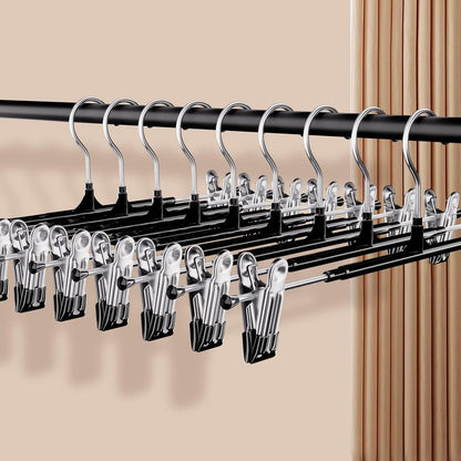 Pants Hangers with Clips 30 Pack, 12 Inch Adjustable Non-Slip Heavy Duty Skirt Hangers for Women, Space Saving Clothes Hangers for Pants, Jeans, Trousers, Shorts, Slacks, Dresses, Black