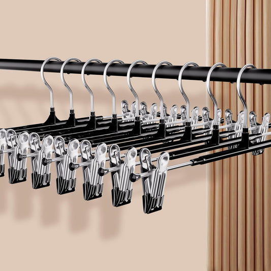 Pants Hangers with Clips 30 Pack, 12 Inch Adjustable Non-Slip Heavy Duty Skirt Hangers for Women, Space Saving Clothes Hangers for Pants, Jeans, Trousers, Shorts, Slacks, Dresses, Black