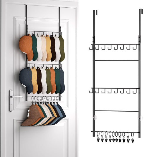 HapiRm Over Door Hat Rack - 3 Tier Wall Mounted Hat Organizer with 16 Hooks and 10 Movable Clips, Baseball Cap Organizer Storage Holds up to 26 Caps for Door, Bedroom, Closet USPTO Patented