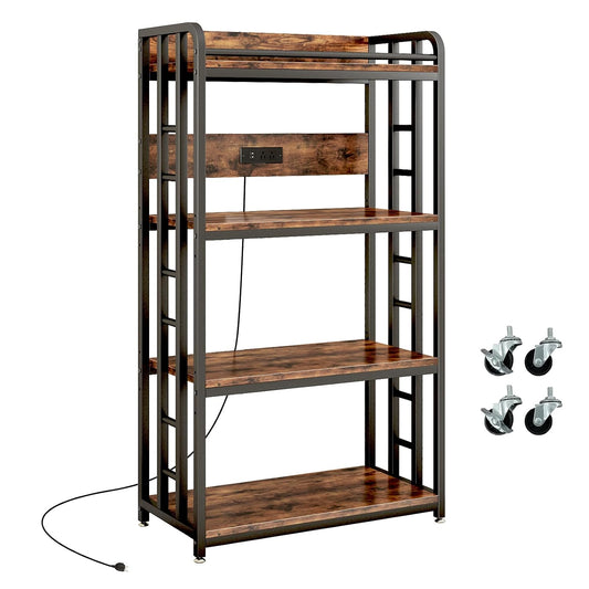 Adjustable 4-Tier Heavy Duty Kitchen Baker's Rack with Power Outlet, with Industrial Wheels, Free Standing Microwave Oven Cart Stand for Storage in Living Room, Garage, Rustic Brown