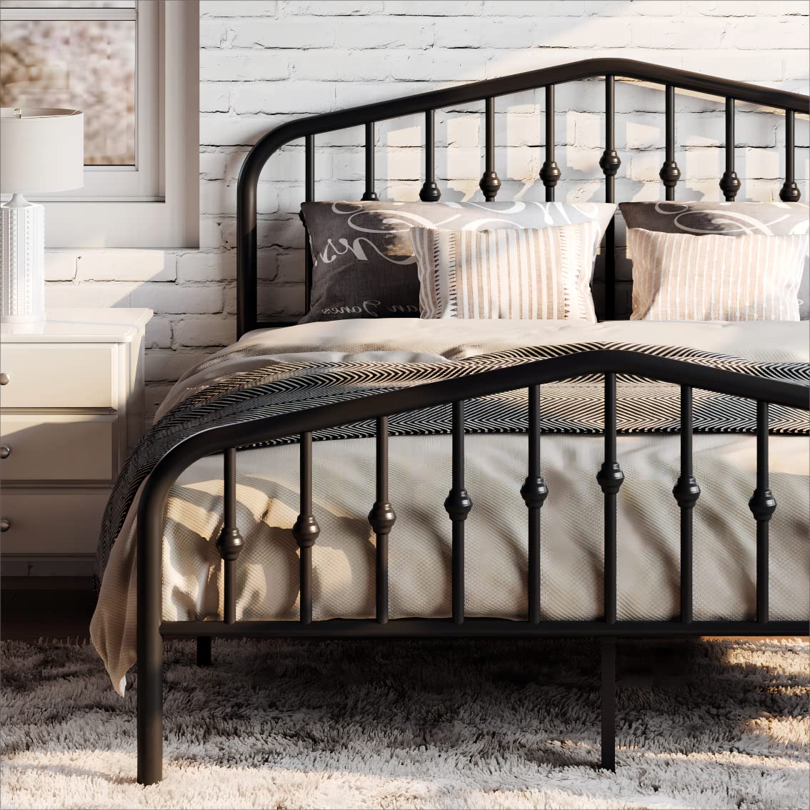SHA CERLIN Queen Metal Bed Frame with Wrought Iron-Art Headboard, Black