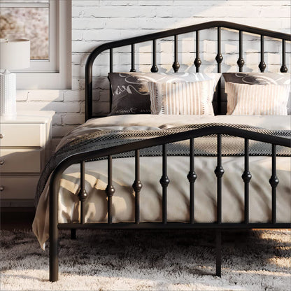 SHA CERLIN Queen Metal Bed Frame with Wrought Iron-Art Headboard, Black