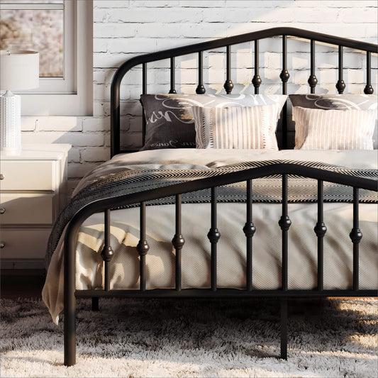 SHA CERLIN Queen Metal Bed Frame with Wrought Iron-Art Headboard, Black