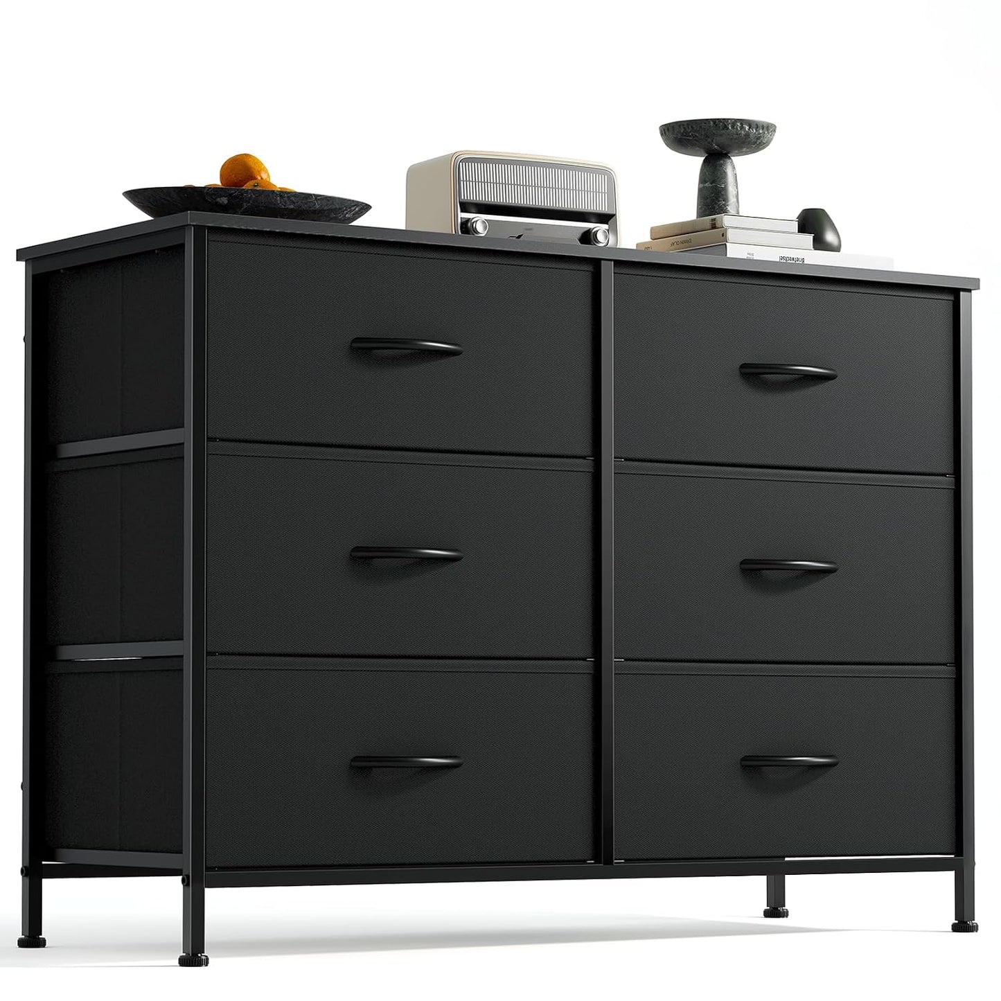 DUMOS 6 Drawer Dresser for Bedroom, Wide Storage Chest of Drawers Cabinet | Fabric Storage Organizer with Wooden Top, Wide Dresser Cabinet for Closet, Bedroom, Black