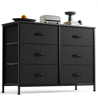 DUMOS 6 Drawer Dresser for Bedroom, Wide Storage Chest of Drawers Cabinet | Fabric Storage Organizer with Wooden Top, Wide Dresser Cabinet for Closet, Bedroom, Black