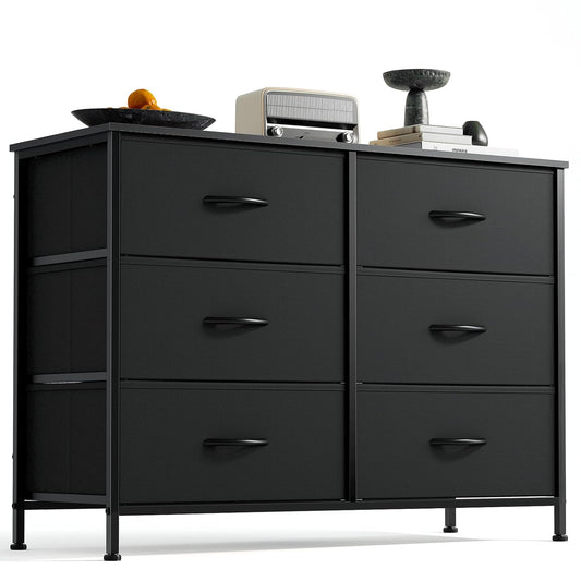 DUMOS 6 Drawer Dresser for Bedroom, Wide Storage Chest of Drawers Cabinet | Fabric Storage Organizer with Wooden Top, Wide Dresser Cabinet for Closet, Bedroom, Black