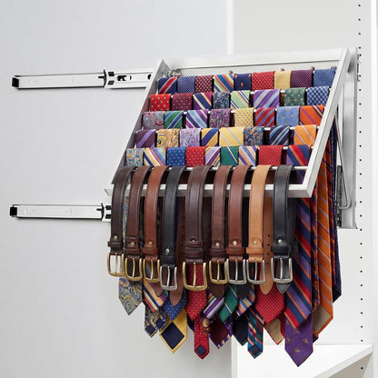 Blulu 13.8'' Sliding Tie Rack for Closet(Right Pull-Out), 60 Tie Pull Out Belt Hanger Wall Mounted Extending Metal Belt Organizer,Sliver