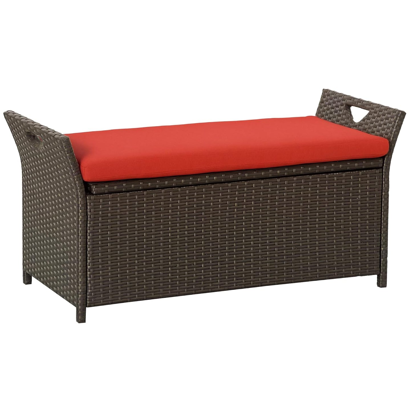 Outsunny 29 Gallon Patio Wicker Storage Bench Outdoor PE Rattan Red | Furniture, 2-In-1 Large Capacity, Rectangle Garden Storage Box, Handles, Cushion