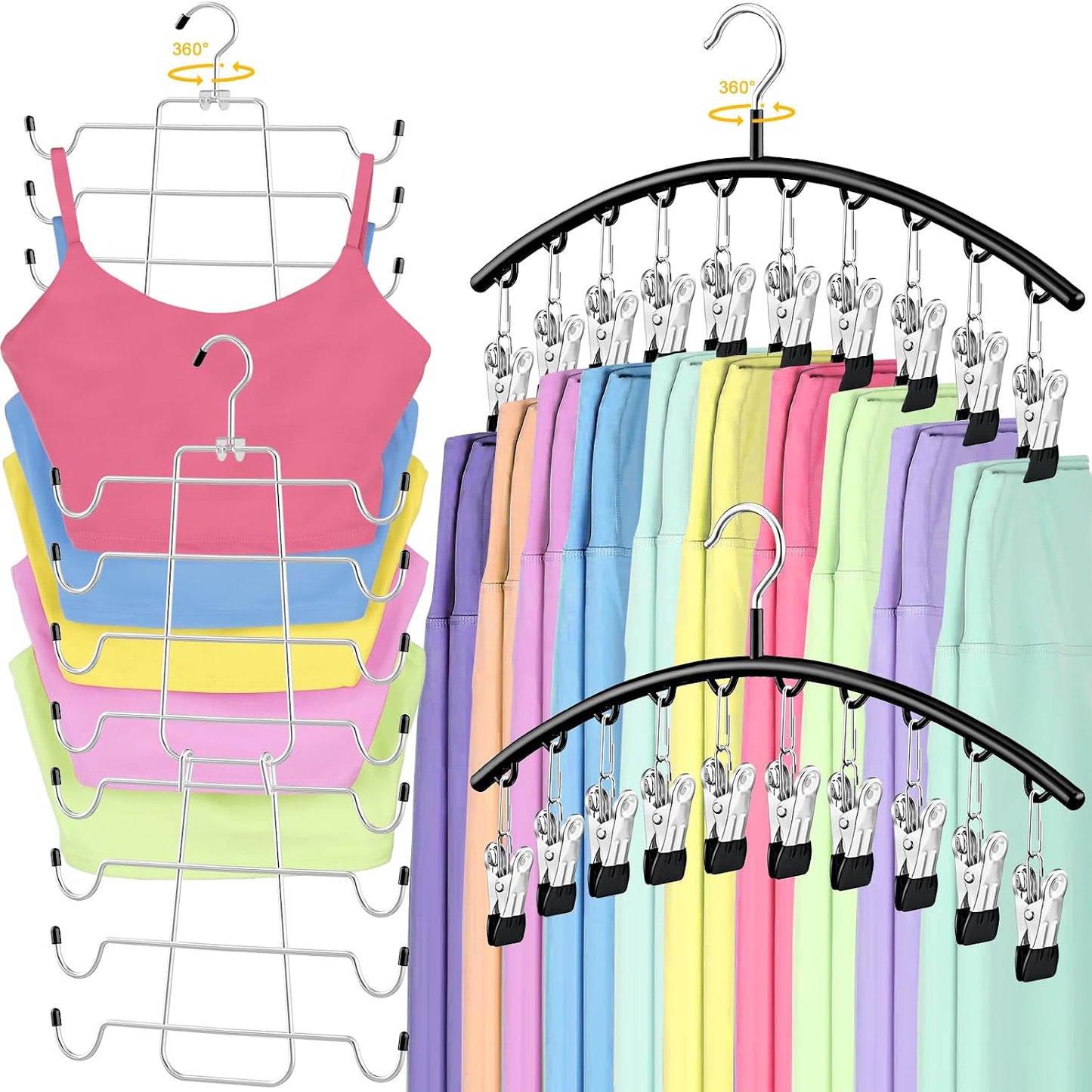 TomCare 4 Pack Space Saving Hangers, 2 Tank Top and 2 Leggings Organizers | 360° Swivel Design, 20 Clips for Leggings and Yoga Pants, Stainless Steel Hanging Closet Organizer