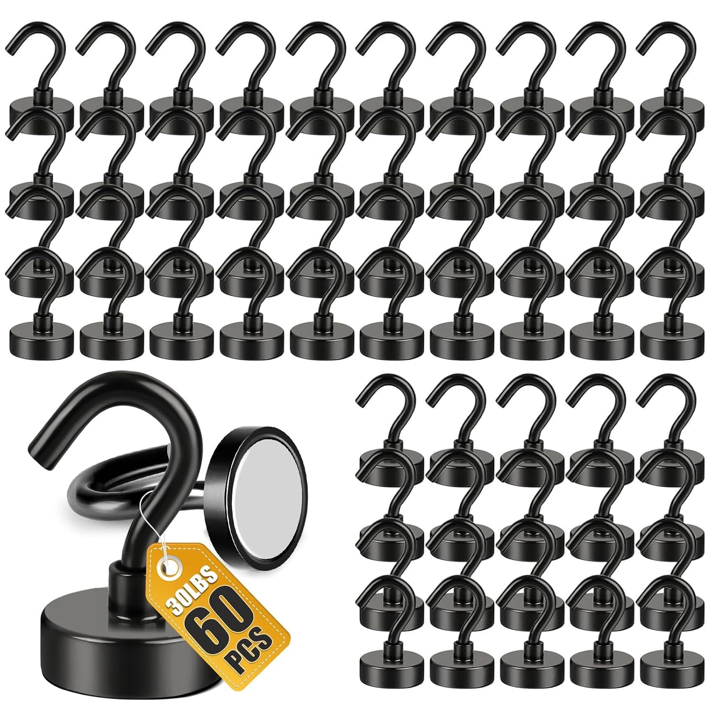 DIYMAG Magnetic Hooks, 30lbs 60pcs Cruise Cabin Essentials Heavy Duty Black | Strong Neodymium Rare Earth Magnets, for Kitchen, Classroom, Beach, Cruise Cabins, Refrigerator, Hanging Key Clothes Wall Hat