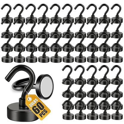 DIYMAG Magnetic Hooks, 30lbs 60pcs Cruise Cabin Essentials Heavy Duty Black | Strong Neodymium Rare Earth Magnets, for Kitchen, Classroom, Beach, Cruise Cabins, Refrigerator, Hanging Key Clothes Wall Hat