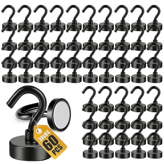 DIYMAG Magnetic Hooks, 30lbs 60pcs Cruise Cabin Essentials Heavy Duty Black | Strong Neodymium Rare Earth Magnets, for Kitchen, Classroom, Beach, Cruise Cabins, Refrigerator, Hanging Key Clothes Wall Hat