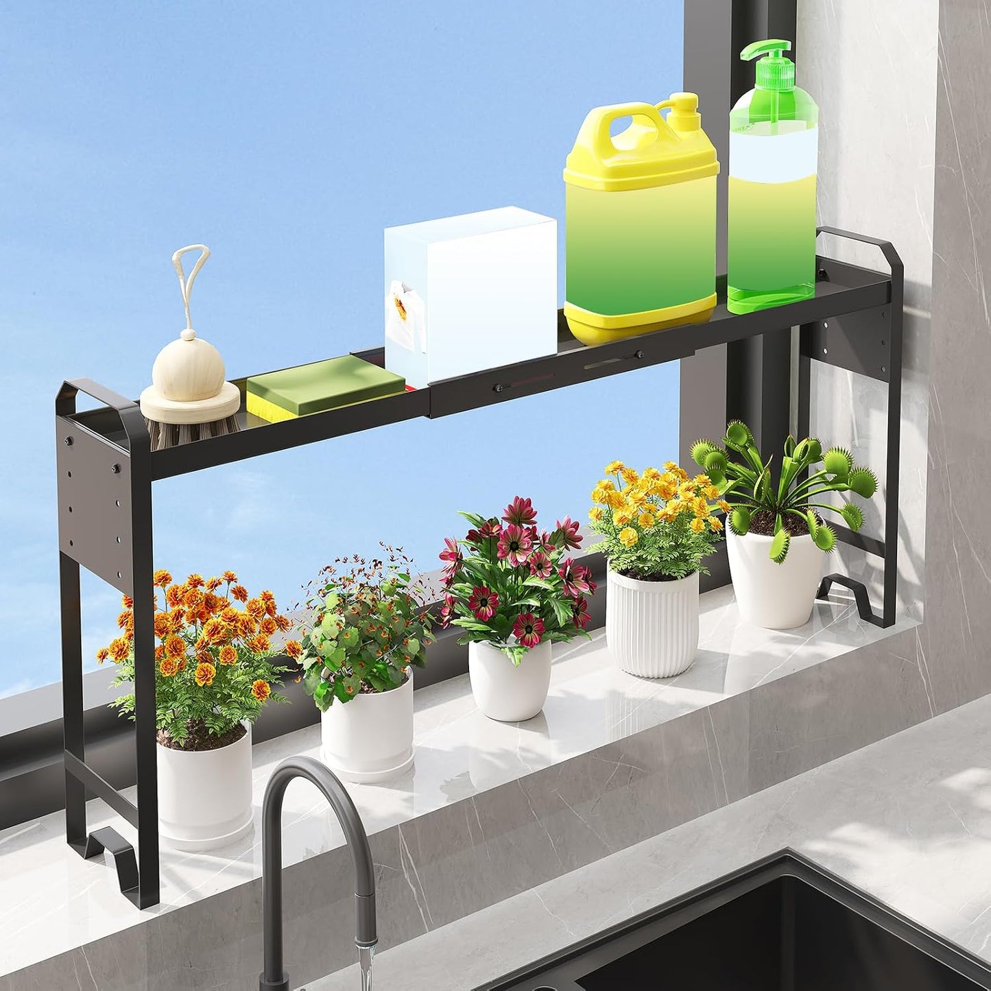 Over The Sink Shelf & Window Plant Shelf, Expandable Kitchen Organization | Adjustable in Height & Length, Multi-Purpose Storage Rack, For Stove, Bathroom, Study