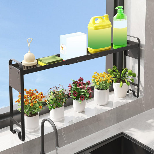 Over The Sink Shelf & Window Plant Shelf, Expandable Kitchen Organization | Adjustable in Height & Length, Multi-Purpose Storage Rack, For Stove, Bathroom, Study