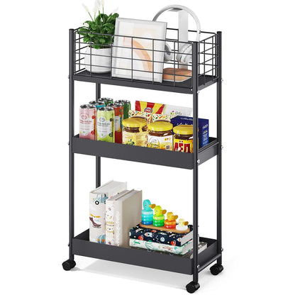 KINGRACK Slim Rolling Storage Cart 3 Tier - Heavy Duty Metal Utility Cart with Raised Edge & Wheels, Narrow Small Mobile Organizer Shelves for Bathroom, Kitchen, Laundry, Office, Living Room, Black